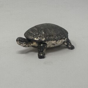 Vintage Turtle Trinket Dish Hinged Pill Box Silver Japan 2.5” *READ*